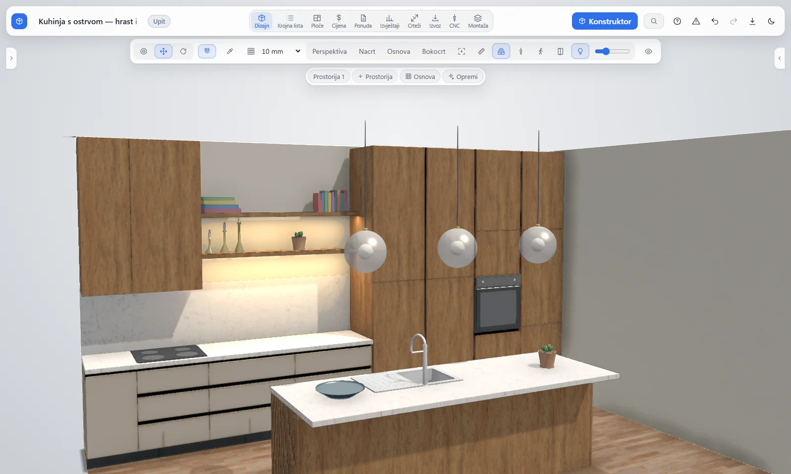 CRN 3D: a modern kitchen with an island in the 3D view — a floor-to-ceiling oak wall with an eye-level oven, a hood hidden in a cabinet, floating shelves with LED strips, marble and handleless drawers